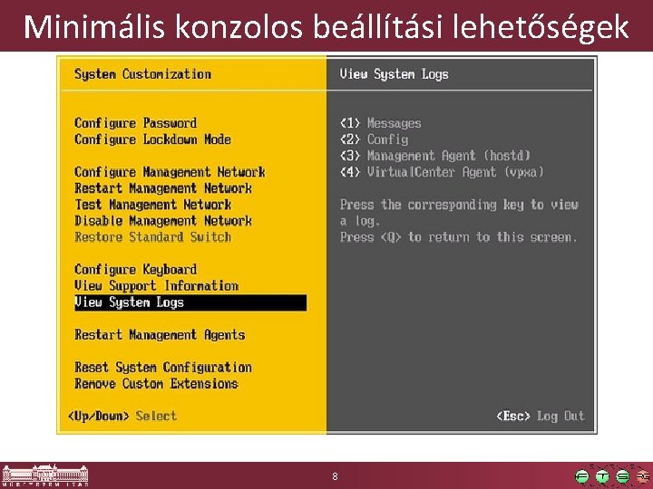 Minimális konzolos beállítási lehetőségek 8 Minimális konzolos beállítási lehetőségek 8
