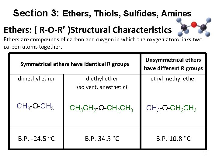 Section 3: Ethers, Thiols, Sulfides, Amines Ethers: ( R-O-R’ )Structural Characteristics Ethers are compounds Section 3: Ethers, Thiols, Sulfides, Amines Ethers: ( R-O-R’ )Structural Characteristics Ethers are compounds