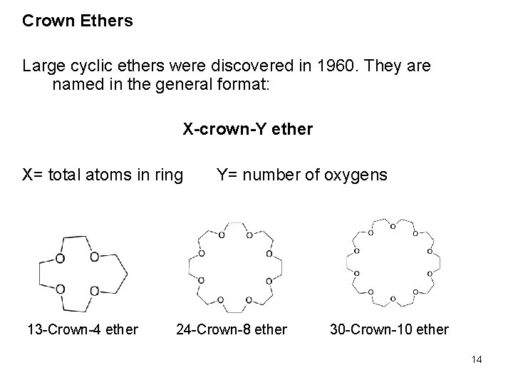 Crown Ethers Large cyclic ethers were discovered in 1960. They are named in the Crown Ethers Large cyclic ethers were discovered in 1960. They are named in the
