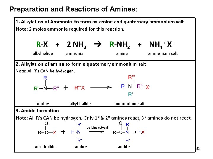 Preparation and Reactions of Amines: 1. Alkylation of Ammonia to form an amine and Preparation and Reactions of Amines: 1. Alkylation of Ammonia to form an amine and