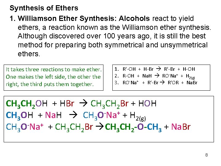 Synthesis of Ethers 1. Williamson Ether Synthesis: Alcohols react to yield ethers, a reaction Synthesis of Ethers 1. Williamson Ether Synthesis: Alcohols react to yield ethers, a reaction