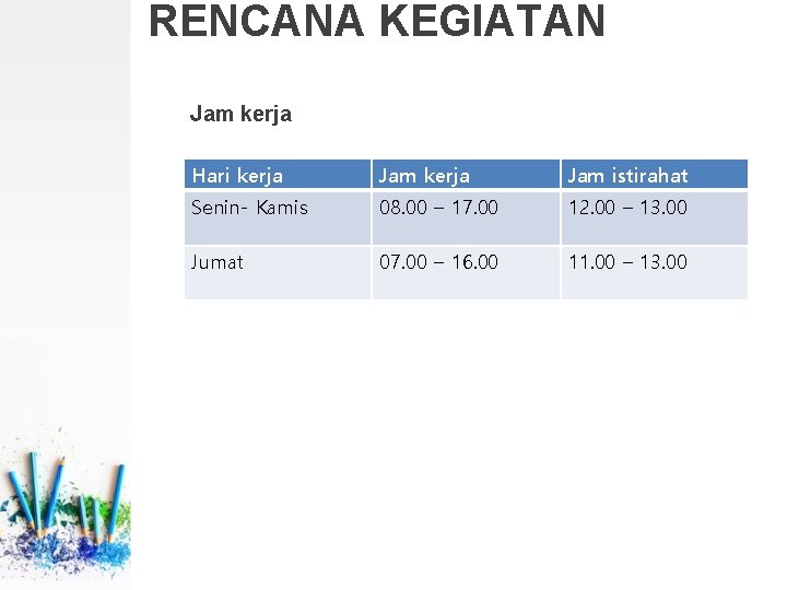 RENCANA KEGIATAN Jam kerja Hari kerja Jam istirahat Senin- Kamis 08. 00 – 17.