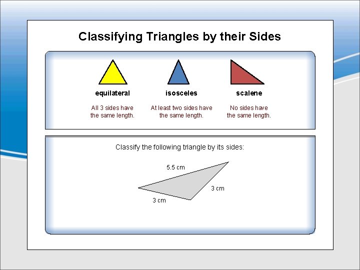 Classifying Triangles by their Sides equilateral isosceles scalene All 3 sides have the same