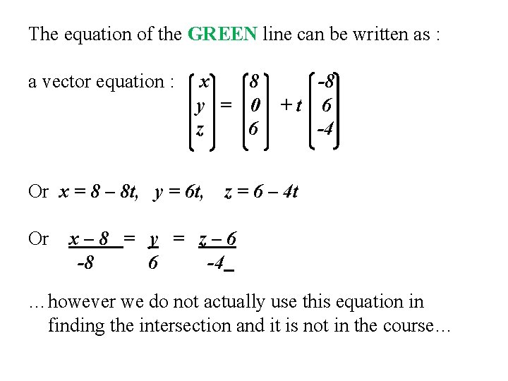The equation of the GREEN line can be written as : a vector equation The equation of the GREEN line can be written as : a vector equation