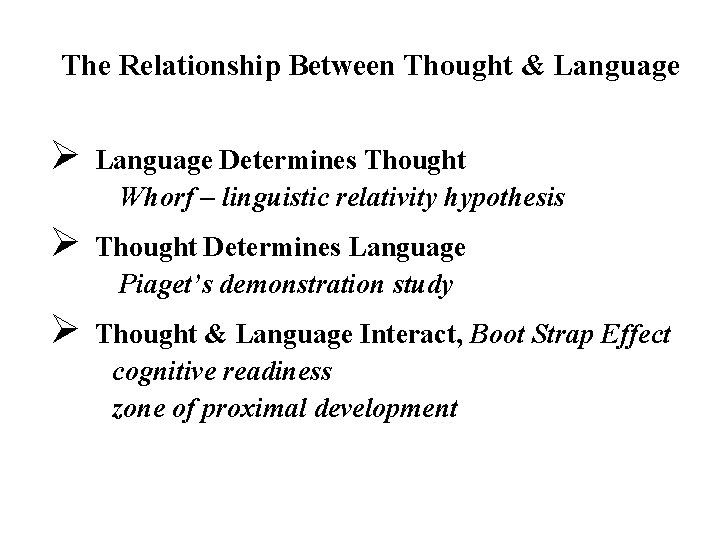The Relationship Between Thought & Language Ø Language Determines Thought Whorf – linguistic relativity