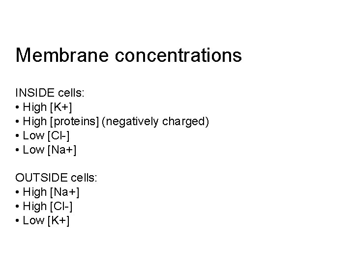Membrane concentrations INSIDE cells: • High [K+] • High [proteins] (negatively charged) • Low