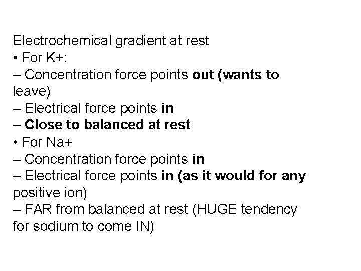 Electrochemical gradient at rest • For K+: – Concentration force points out (wants to