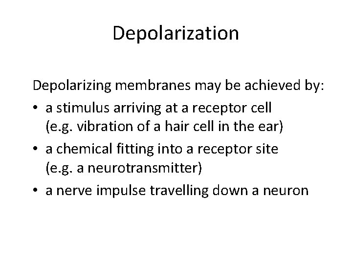 Depolarization Depolarizing membranes may be achieved by: • a stimulus arriving at a receptor