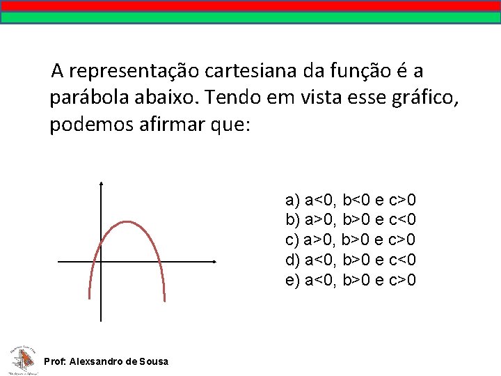 A representação cartesiana da função é a parábola abaixo. Tendo em vista esse gráfico,