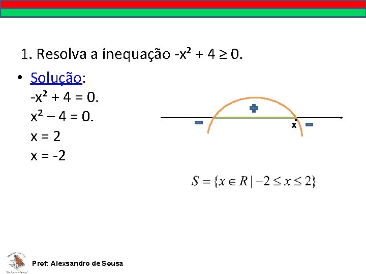 1. Resolva a inequação -x² + 4 ≥ 0. • Solução: -x² + 4