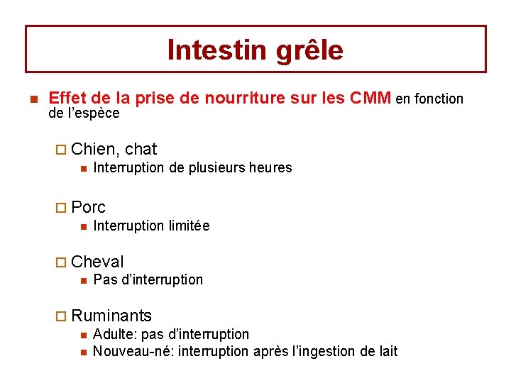 Intestin grêle n Effet de la prise de nourriture sur les CMM en fonction