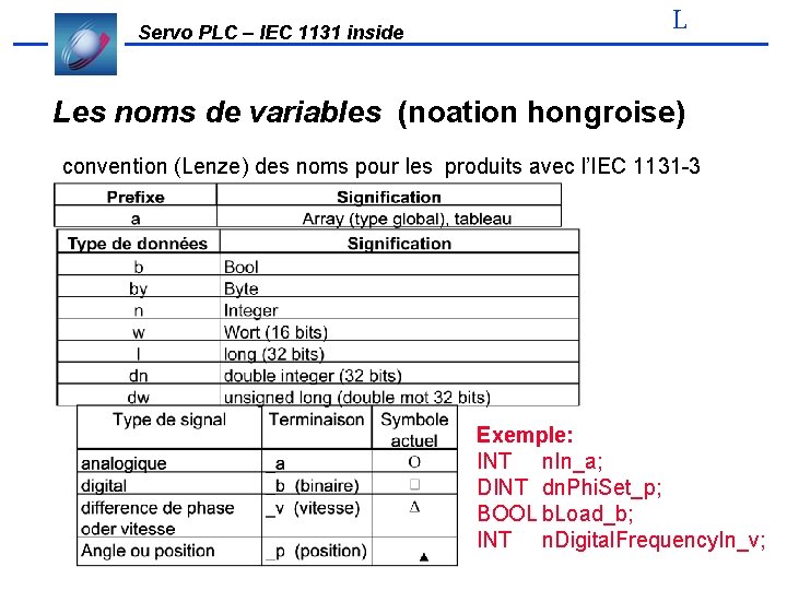 Servo PLC – IEC 1131 inside L Les noms de variables (noation hongroise) convention