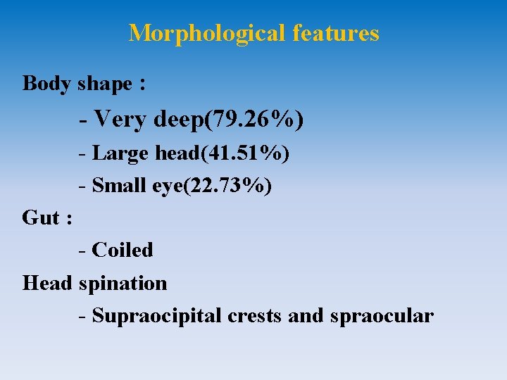 Morphological features Body shape : - Very deep(79. 26%) - Large head(41. 51%) -