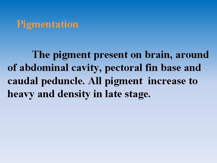 Pigmentation The pigment present on brain, around of abdominal cavity, pectoral fin base and