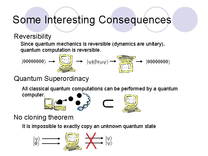 Some Interesting Consequences Reversibility Since quantum mechanics is reversible (dynamics are unitary), quantum computation