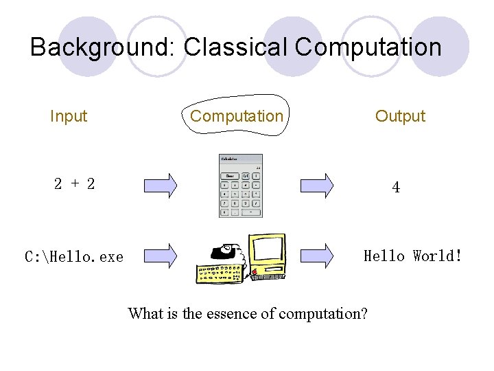 Background: Classical Computation Input Computation Output 2 + 2 C: Hello. exe 4 Hello
