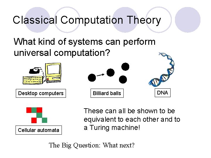 Classical Computation Theory What kind of systems can perform universal computation? Desktop computers Cellular