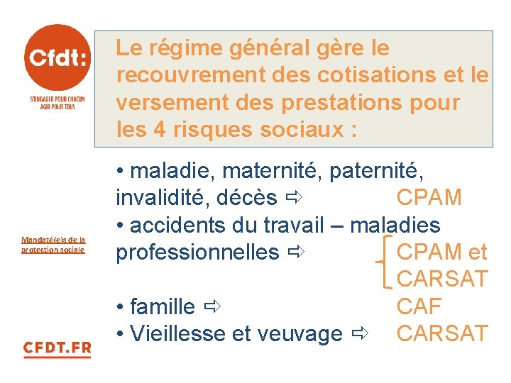 Le régime général gère le recouvrement des cotisations et le versement des prestations pour