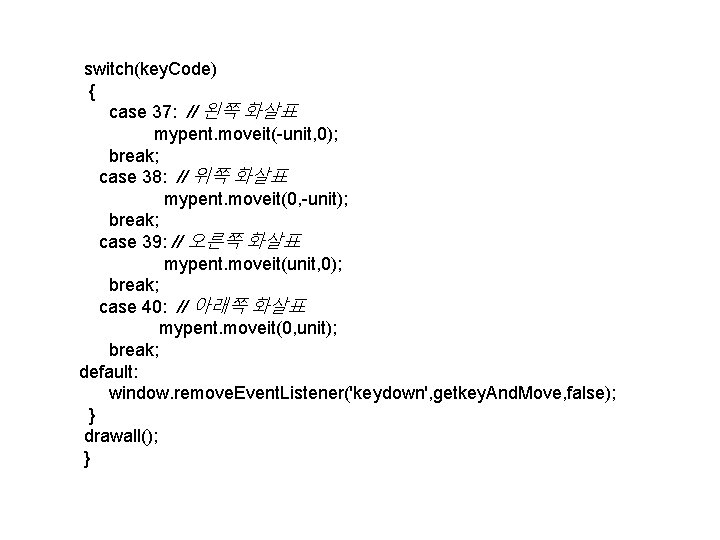 switch(key. Code) { case 37: // 왼쪽 화살표 mypent. moveit(-unit, 0); break; case 38: