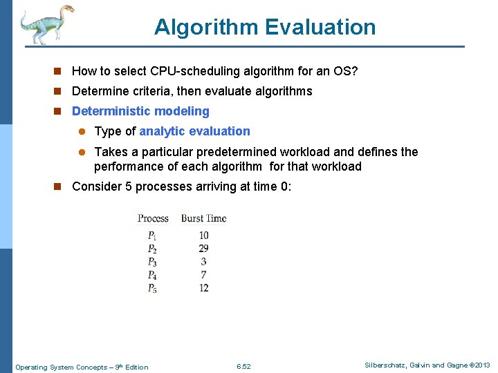 Algorithm Evaluation n How to select CPU-scheduling algorithm for an OS? n Determine criteria,