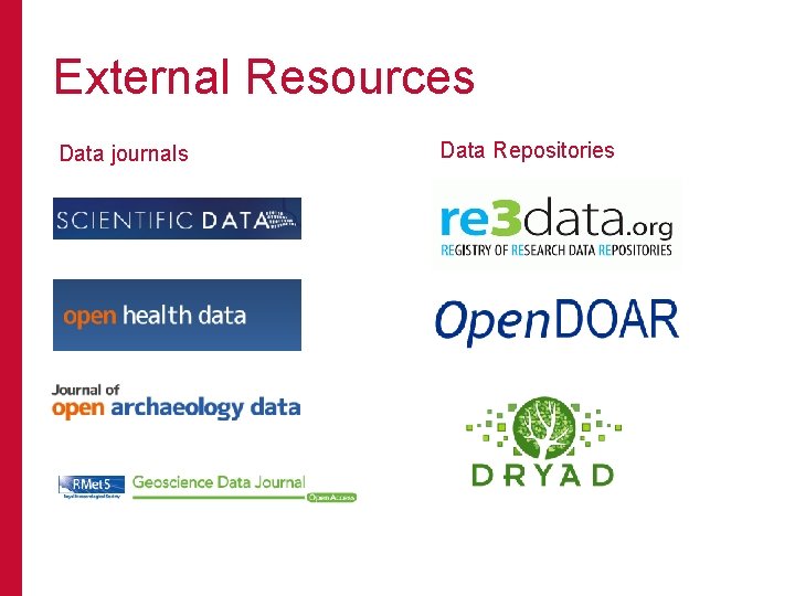 External Resources Data journals Data Repositories 