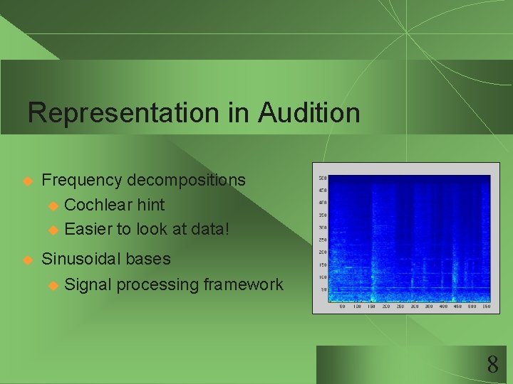 Representation in Audition u Frequency decompositions u Cochlear hint u Easier to look at