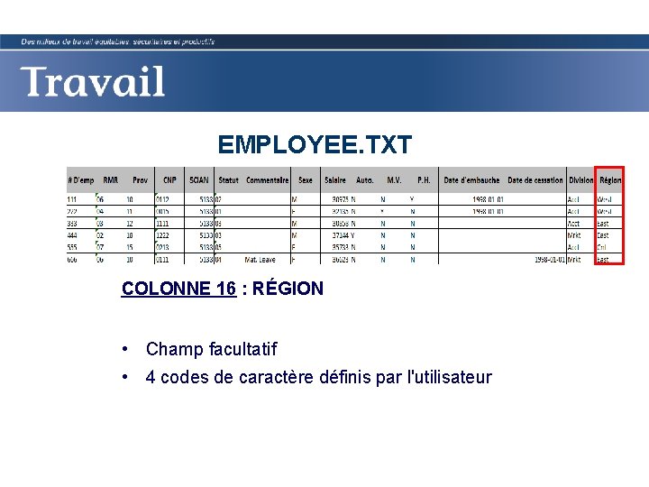 EMPLOYEE. TXT COLONNE 16 : RÉGION • Champ facultatif • 4 codes de caractère