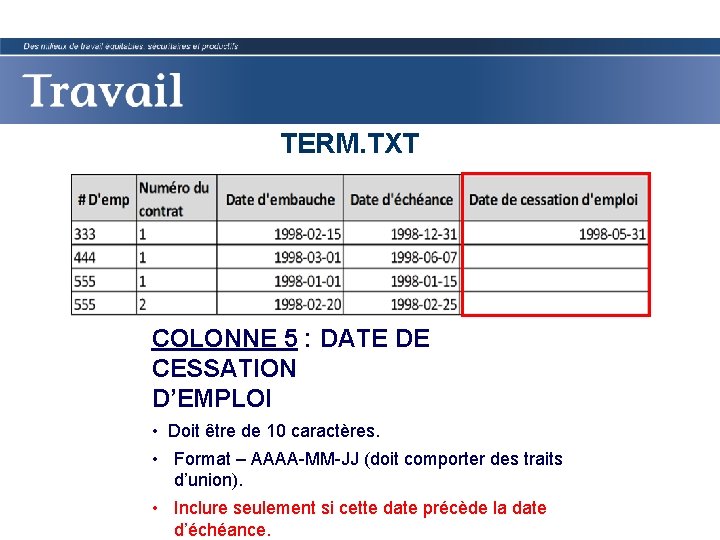 TERM. TXT COLONNE 5 : DATE DE CESSATION D’EMPLOI • Doit être de 10