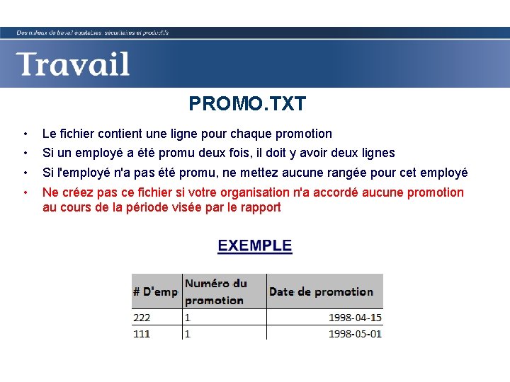 PROMO. TXT • • Le fichier contient une ligne pour chaque promotion Si un