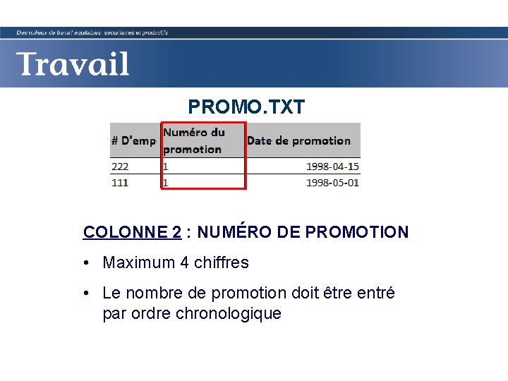 PROMO. TXT COLONNE 2 : NUMÉRO DE PROMOTION • Maximum 4 chiffres • Le