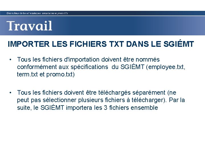 IMPORTER LES FICHIERS TXT DANS LE SGIÉMT • Tous les fichiers d'importation doivent être