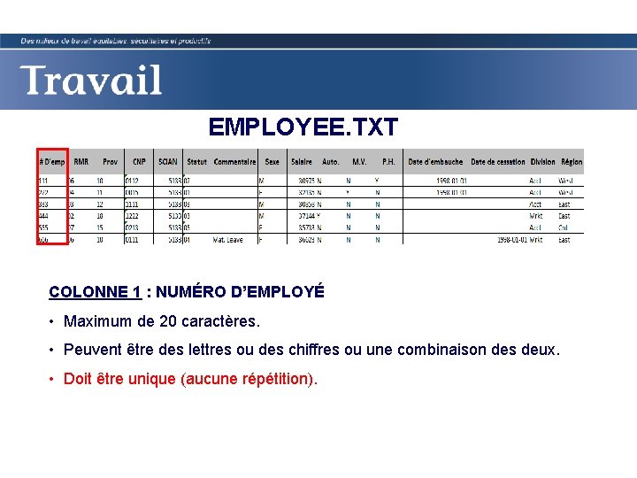 EMPLOYEE. TXT COLONNE 1 : NUMÉRO D’EMPLOYÉ • Maximum de 20 caractères. • Peuvent