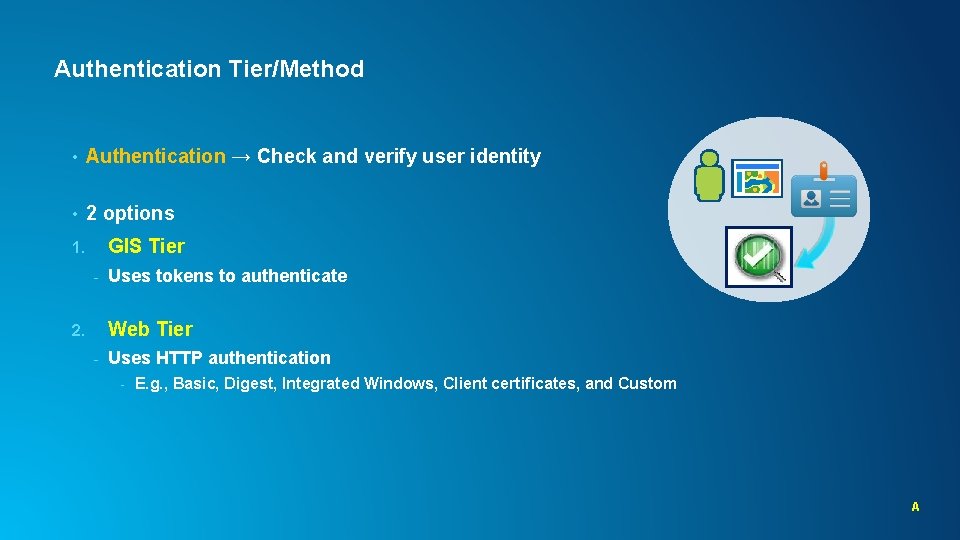 Authentication Tier/Method • Authentication → Check and verify user identity • 2 options GIS