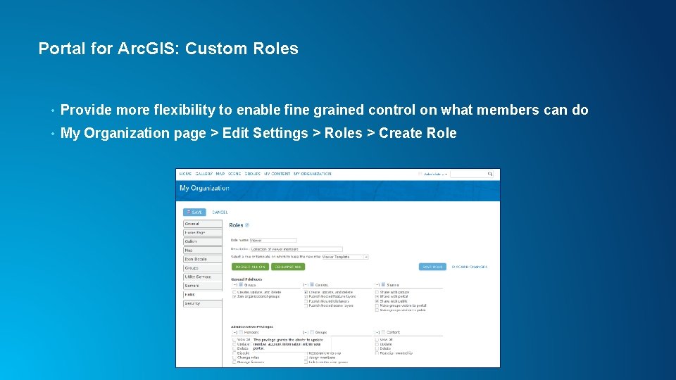 Portal for Arc. GIS: Custom Roles • Provide more flexibility to enable fine grained