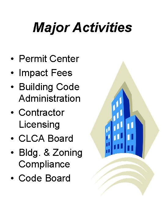 Major Activities • Permit Center • Impact Fees • Building Code Administration • Contractor