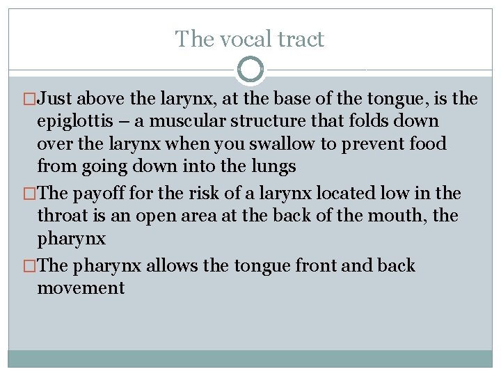 The vocal tract �Just above the larynx, at the base of the tongue, is