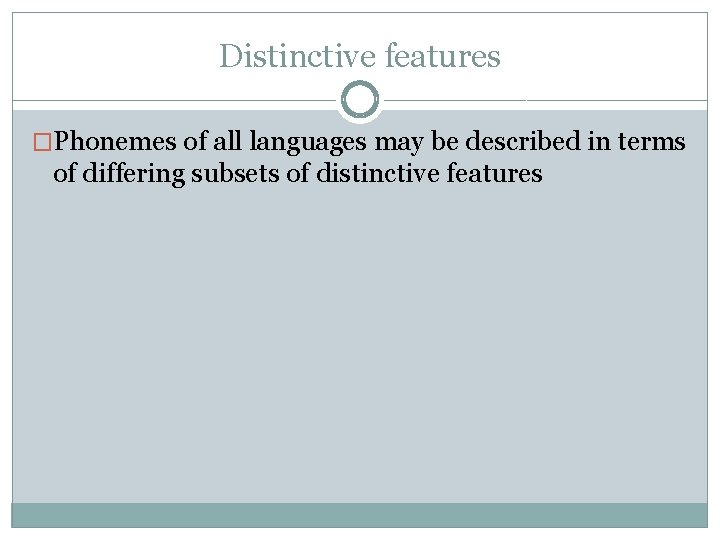 Distinctive features �Phonemes of all languages may be described in terms of differing subsets