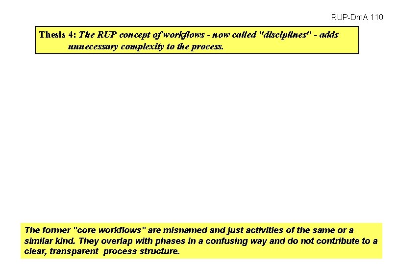 RUP-Dm. A 110 Thesis 4: The RUP concept of workflows - now called "disciplines" RUP-Dm. A 110 Thesis 4: The RUP concept of workflows - now called "disciplines"