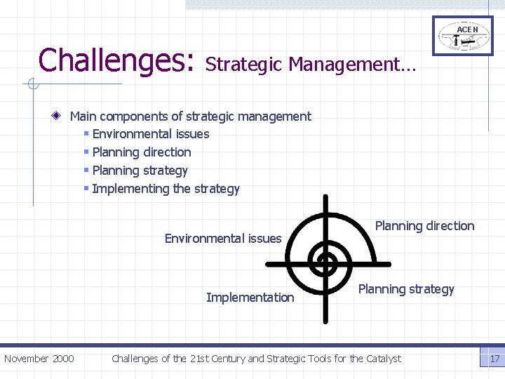 ACEN Challenges: Strategic Management… Main components of strategic management § Environmental issues § Planning