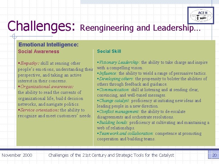 ACEN Challenges: Reengineering and Leadership… Emotional Intelligence: Social Awareness Social Skill §Empathy: skill at