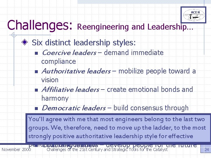 ACEN Challenges: Reengineering and Leadership… Six distinct leadership styles: n Coercive leaders – demand