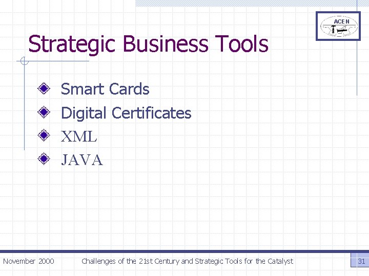 ACEN Strategic Business Tools Smart Cards Digital Certificates XML JAVA November 2000 Challenges of