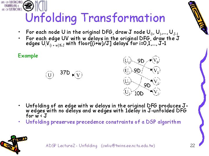 Unfolding Transformation • • For each node U in the original DFG, draw J