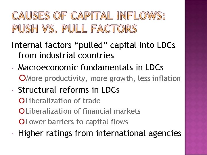 CAUSES OF CAPITAL INFLOWS: PUSH VS. PULL FACTORS Internal factors “pulled” pulled capital into