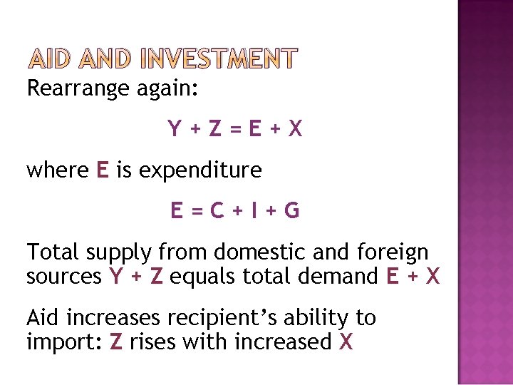 AID AND INVESTMENT Rearrange again: Y+Z=E+X where E is expenditure E=C+I+G Total supply from