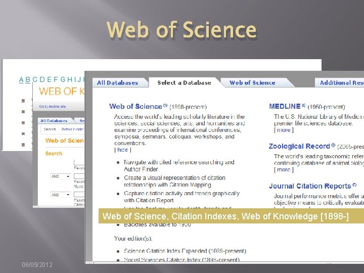 Web of Science, Citation Indexes, Web of Knowledge [1898 -] 06/05/2012 
