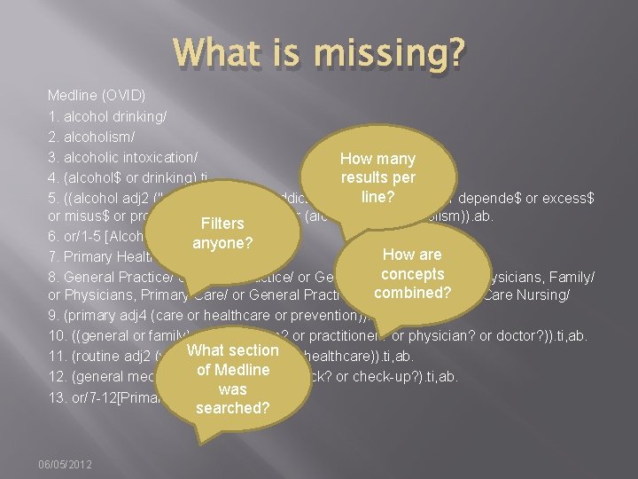 What is missing? Medline (OVID) 1. alcohol drinking/ 2. alcoholism/ 3. alcoholic intoxication/ How