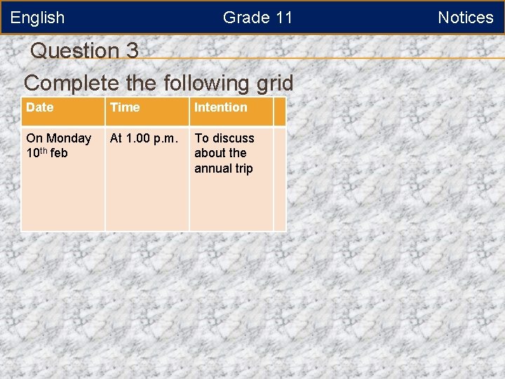 English Grade 11 Question 3 Complete the following grid Date Time Intention On Monday