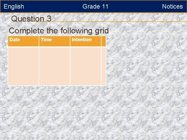 English Grade 11 Question 3 Complete the following grid Date Time Intention Notices 