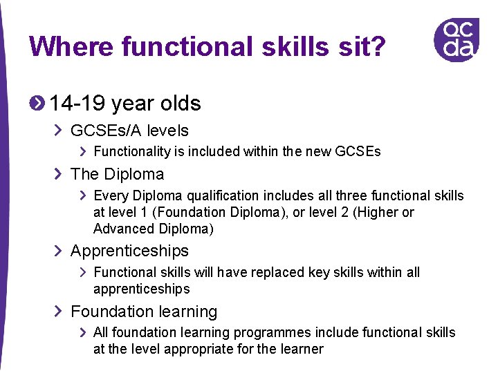 Where functional skills sit? 14 -19 year olds GCSEs/A levels Functionality is included within